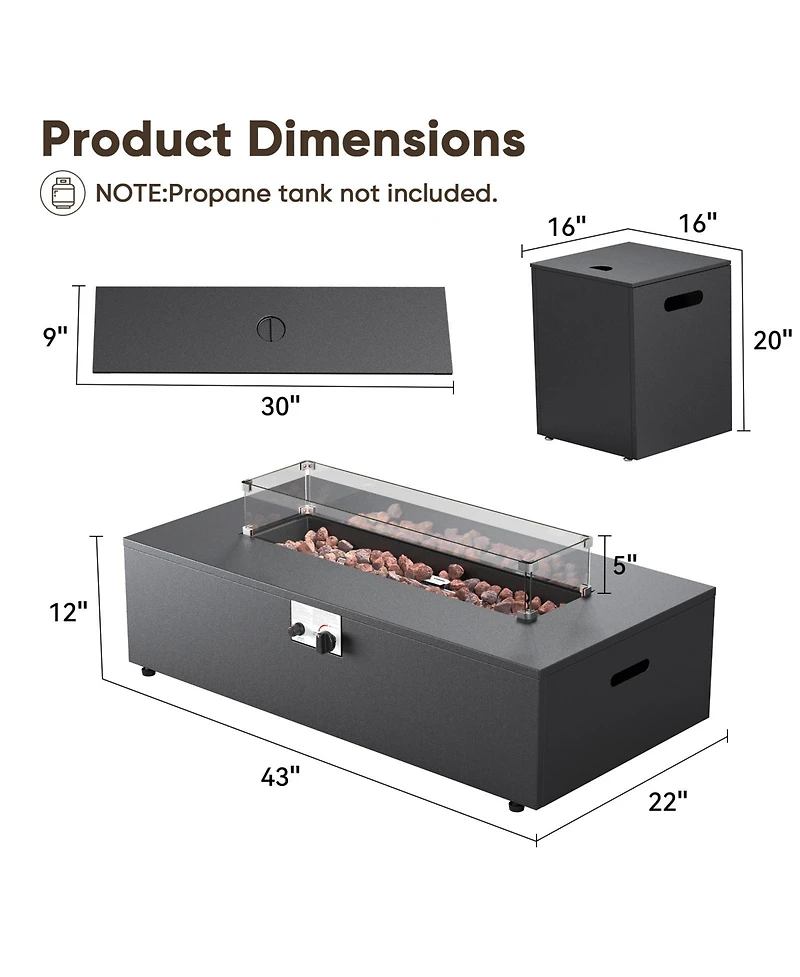 Gymojoy 2-Piece Outdoor Fire Table Set 42.9 Inch Rectangle Gas Firepit with Tank Cover