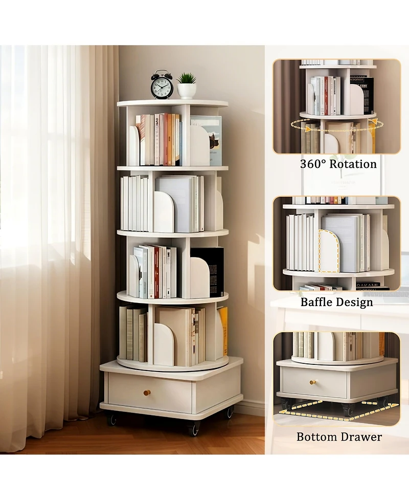 Rainsken Tier Rotating Bookshelf with Drawers On Wheel, 360° Display Spinning Corner Bookcase
