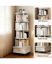 Rainsken Tier Rotating Bookshelf with Drawers On Wheel, 360° Display Spinning Corner Bookcase