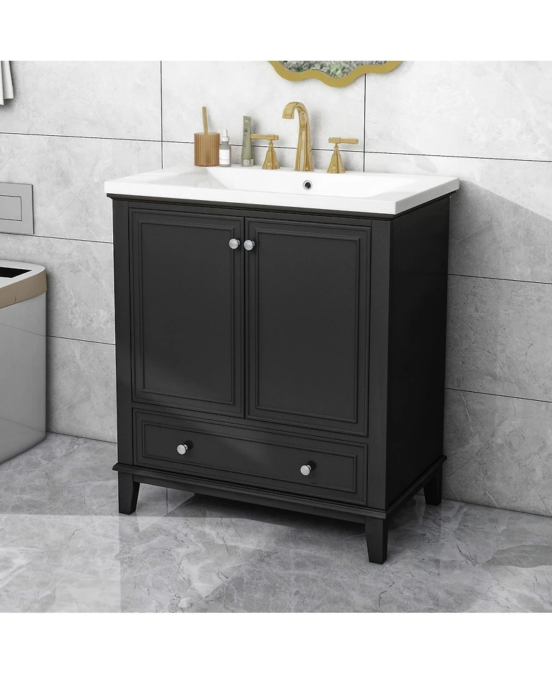 Sillysis 30 Bathroom Vanity with Ceramic Sink, Solid Wood Frame, Multi-Functional Cabinet & Drawer Storage for Modern Bathrooms