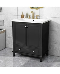 Sillysis 30 Bathroom Vanity with Ceramic Sink, Solid Wood Frame, Multi-Functional Cabinet & Drawer Storage for Modern Bathrooms