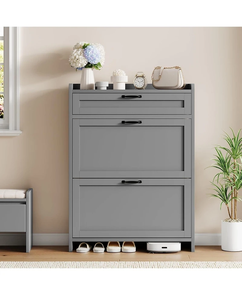 gaomon Shoe Cabinet with 2 Flip Drawers and 1 Top Drawer High-Gloss Painted Wood Shoe Organizer