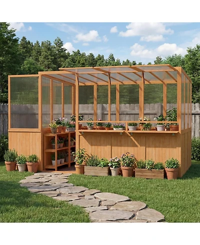 Aecojoy 6x10 Ft Wood Greenhouse for Outdoors, Heavy Duty Lean-to Walk-in Greenhouse with Polycarbonate Panels
