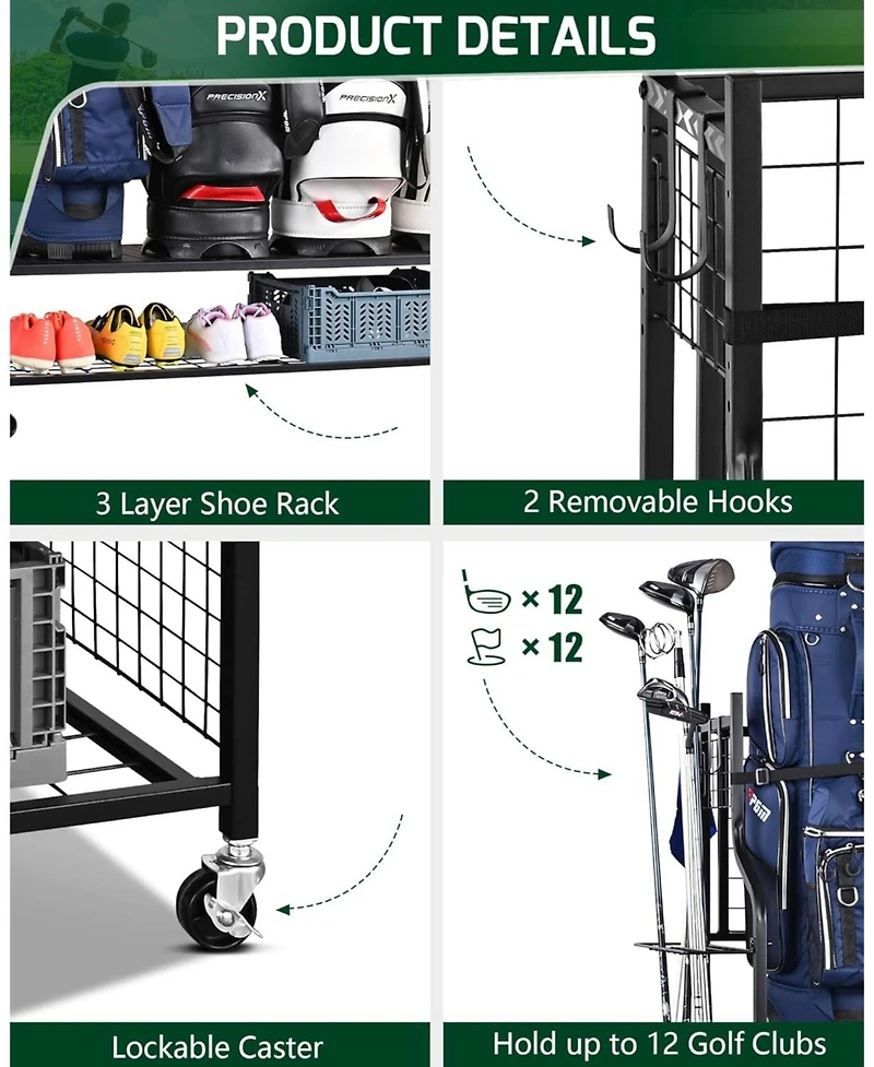Heavy-Duty 4-Bag Golf Stand with Accessory Storage & Club Rack for Garage, Golf Club, Basement