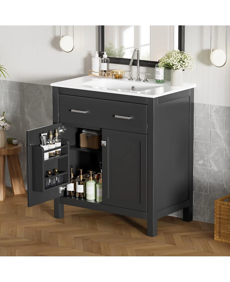 Sillysis 30" Bathroom Vanity with Ceramic Sink, Soft Close Doors & Adjustable Shelf, Modern Storage Cabinet for Small Spaces