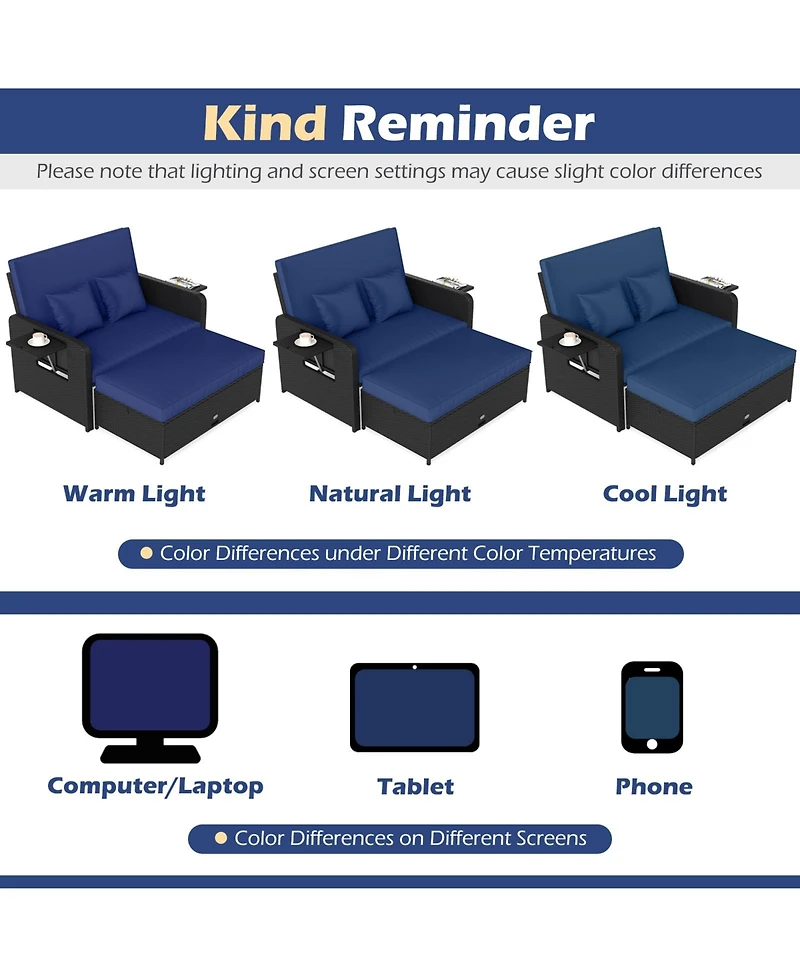 Gymax Set of 2 Pe Wicker Outdoor Daybed w/4-Level Adjustable Backrest Storage Ottoman