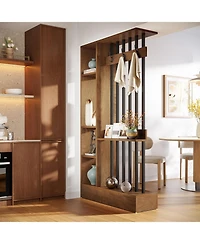 Tribesigns 71" Wall Room Divider with Shelves & Coat Hooks, Wood Freestanding Room Divider Bookcase for Home & Office Decorative.