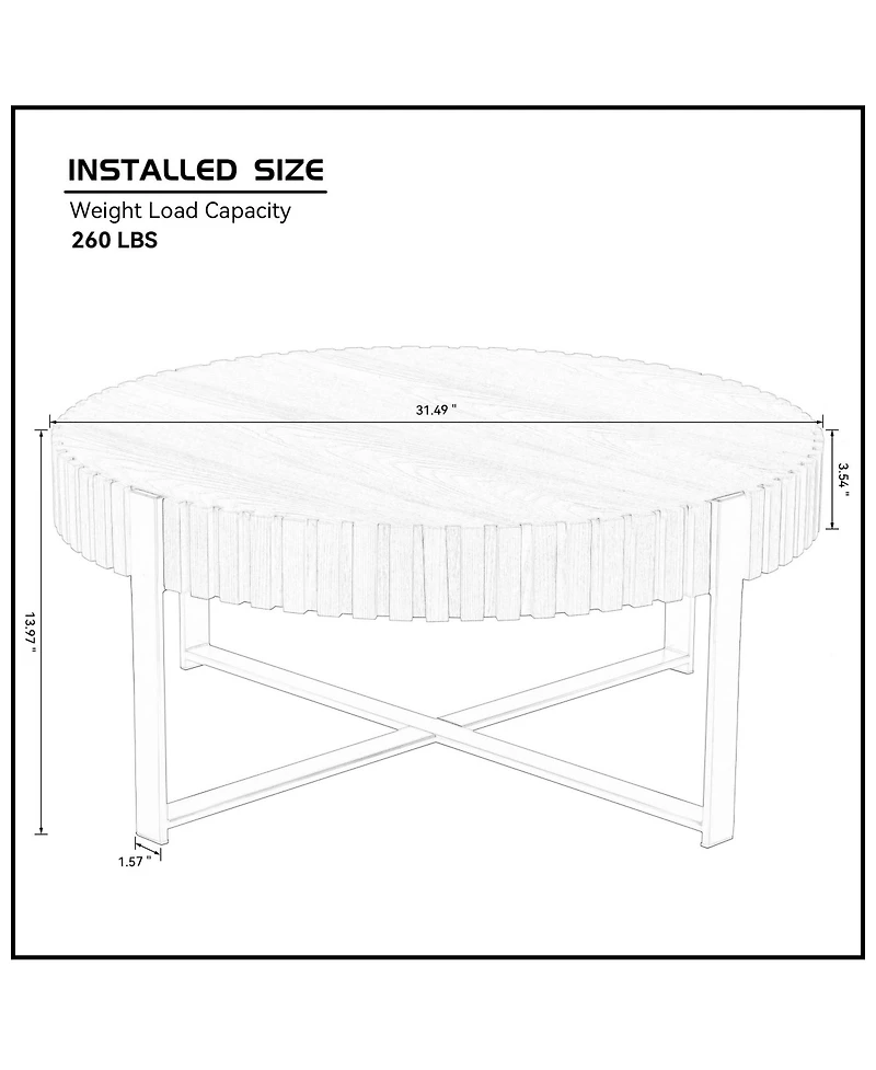 Rainsken Modern Drum Coffee Table, 31.5'' Round Center Table with Fluted Edge and Sturdy Pedestal for Living Room