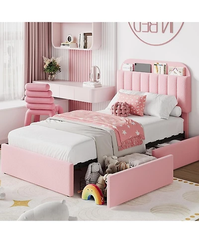 gaomon Twin-xl Boucle Upholstered Platform Bed- 2 Storage Drawers- Bookcase Headboard- Noise-Free- Easy Assembly- No Box Spring- Children Bed