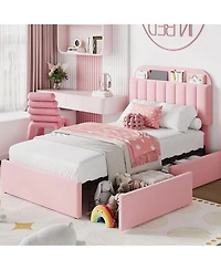 gaomon Twin-xl Boucle Upholstered Platform Bed- 2 Storage Drawers- Bookcase Headboard- Noise-Free- Easy Assembly- No Box Spring- Children Bed