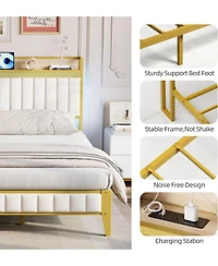 gaomon King Size Bed Frame with Led Lights and Charge Station, Upholstered Platform Bed with Storage Headboard, Heavy Duty Metal Slats, Easy Assembly