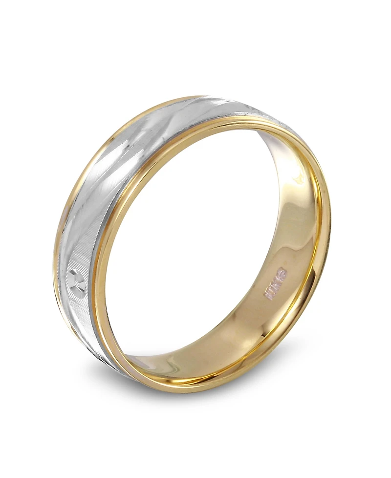 Men's 14k Gold and White Ring, Wave Engraved Band