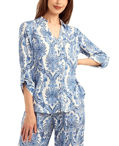 Bcx Women's Printed Button-Up Tie-Hem Top