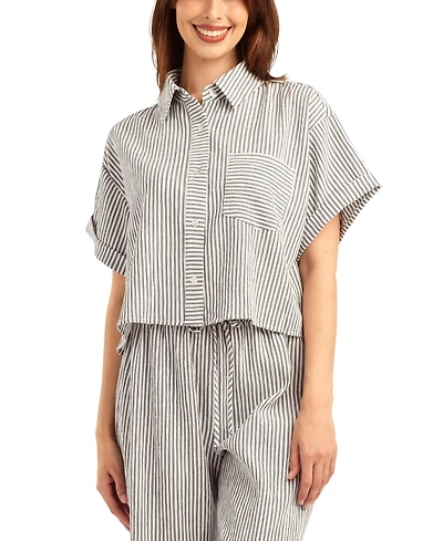 Bcx Women's Pucker Stripe Button-Front Top
