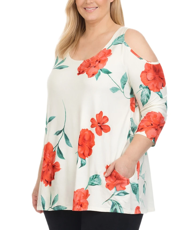 White Mark Plus Floral Cold Shoulder Knit Tunic Top