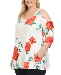 White Mark Plus Floral Cold Shoulder Knit Tunic Top