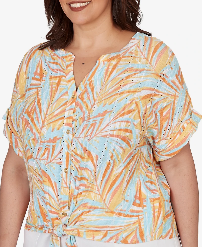 Hearts Of Palm Plus Printed Eyelet Gauze V-neck Top with Tie-Front