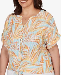 Hearts Of Palm Plus Printed Eyelet Gauze V-neck Top with Tie-Front