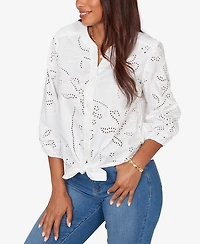 Ruby Rd. Plus Eyelet Puff Print Tie Front Top
