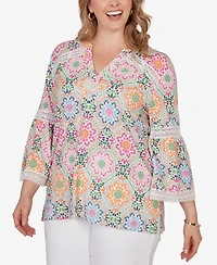Ruby Rd. Plus Medallion Print Lace Detail Knit Top