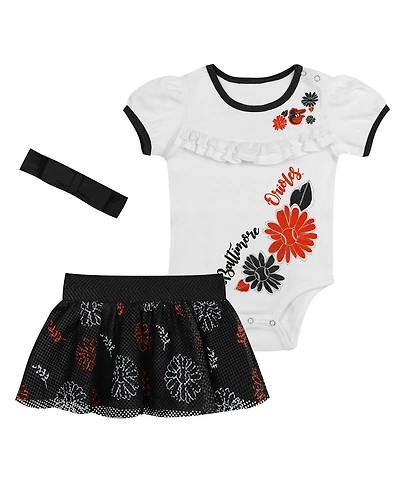 Outerstuff Newborn 3-Piece White/Black Baltimore Orioles Sweet Catcher Bodysuit, Headband and Skirt Set