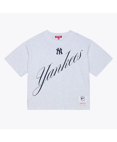Mitchell & Ness Women's Heather Gray New York Yankees Script Cropped Boxy T-Shirt
