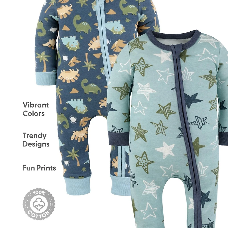 The Peanutshell Toddler Boys Dino Star Cotton Footless Pajamas for Boys, 2 Pack