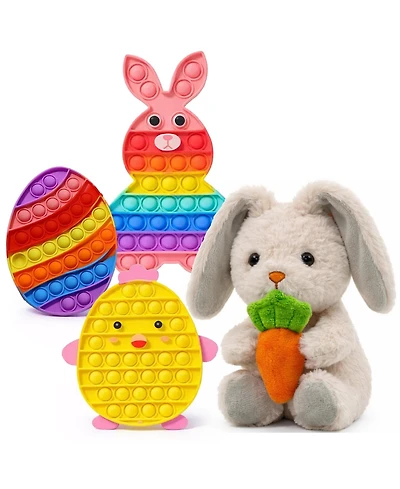 Sperric Easter Plush Bunny & Pop It Toys Bundle, Soft Baby Bunny Holding Carrot and 3-Pack Rainbow Bunny, Chicken & Egg Pop Fidget Toys