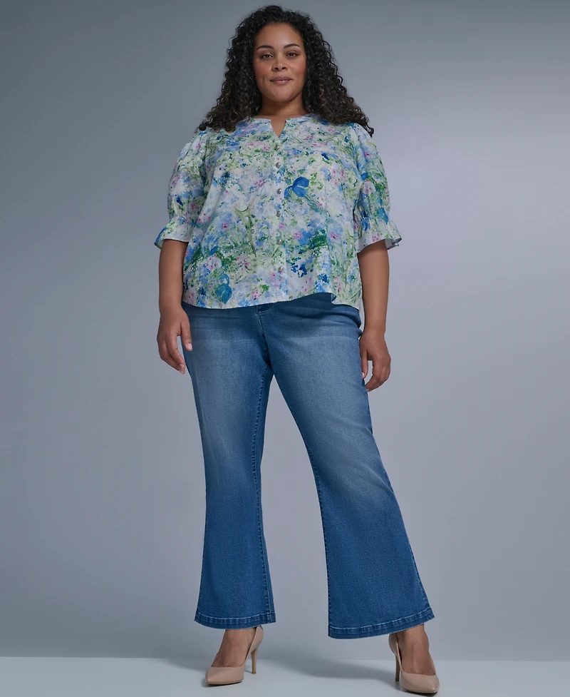 Karl Lagerfeld Paris Plus Allover Watercolor Split Neck Blouse