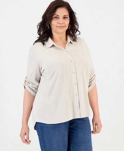Style & Co Plus Button-Front Collar Roll-Tab Shirt, Macy's Exclusive