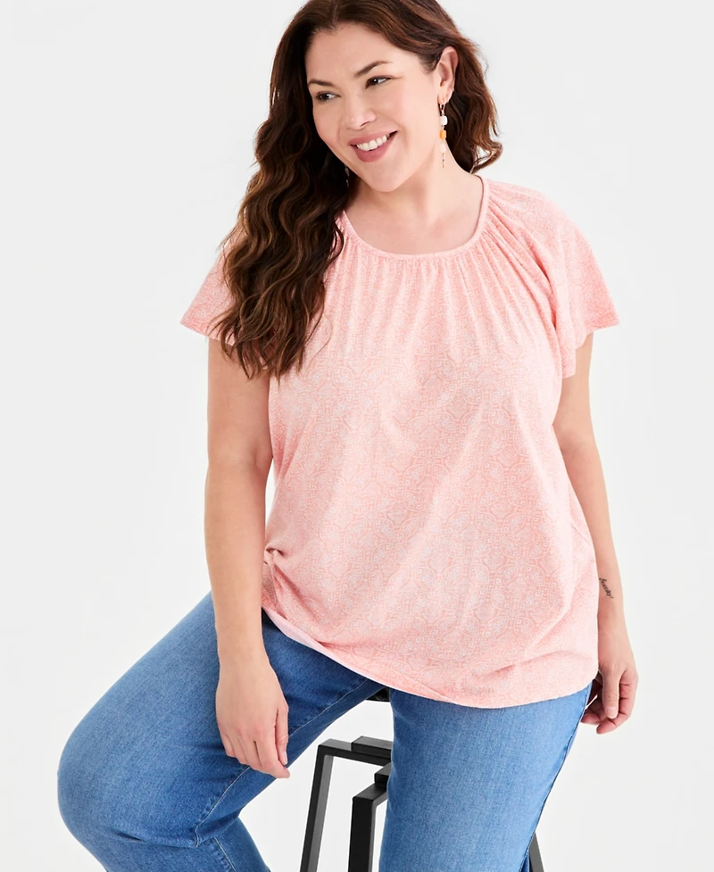 Style & Co Plus Printed Scoop-Neck Flutter-Sleeve Top, Macy's Exclusive