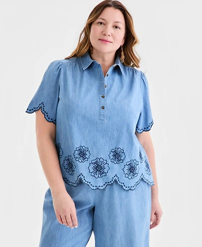 Style & Co Plus Cotton Scalloped Eyelet Shirt, Macy's Exclusive