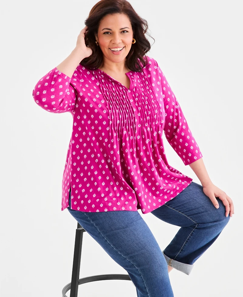 Style & Co Plus Size Printed Pintuck Split-Neck 3/4-Sleeve Top, Macy's Exclusive