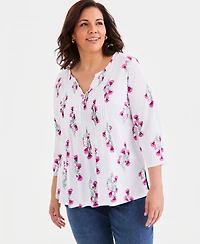 Style & Co Plus Pintucked Split-Neck 3/4-Sleeve Top, Macy's Exclusive
