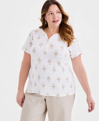Style & Co Plus Printed Short-Sleeve Henley T-Shirt, Macy's Exclusive