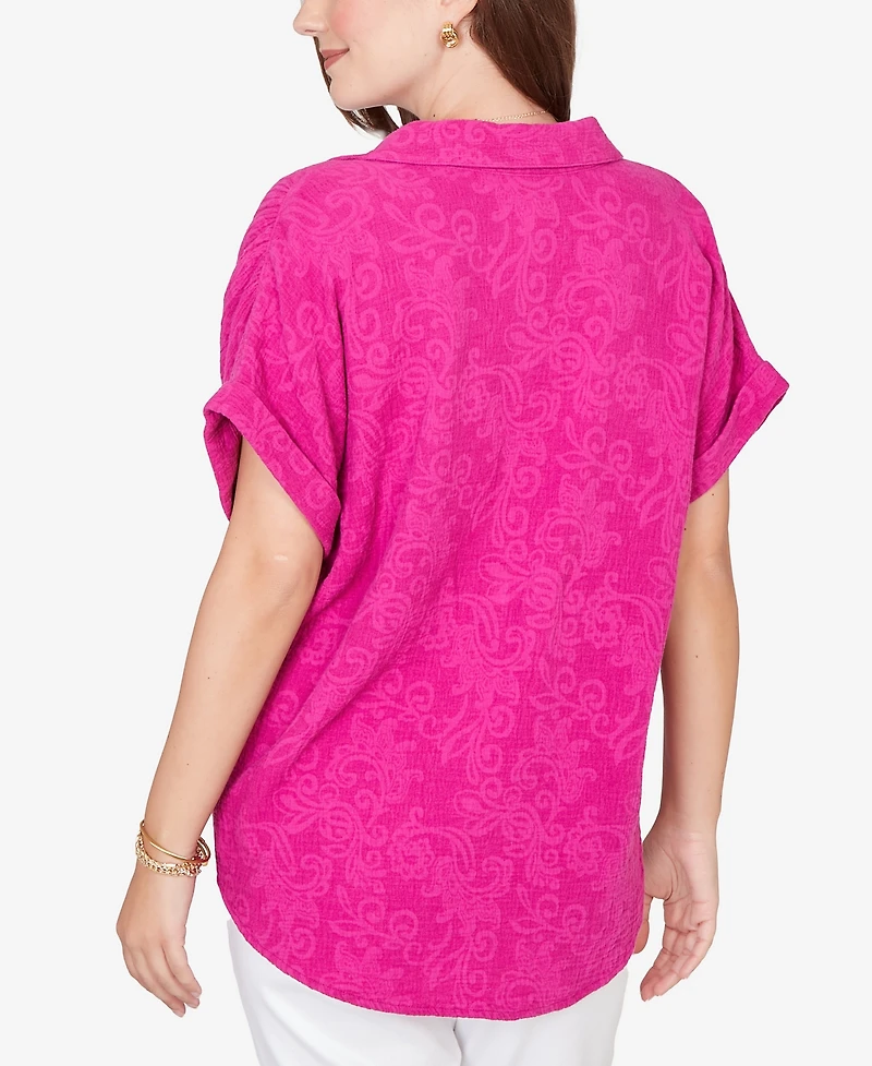 Ruby Rd. Petite Paisley Embossed Gauze Camp Shirt