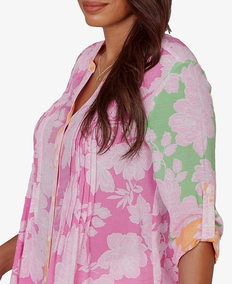 Ruby Rd. Petite Color-Block Floral Pintuck Gauze Top