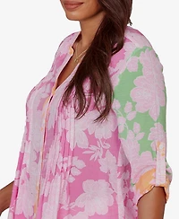 Ruby Rd. Petite Color-Block Floral Pintuck Gauze Top