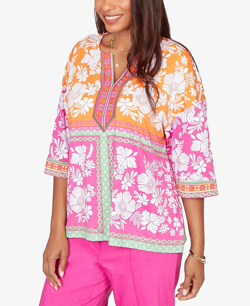 Ruby Rd. Petite Embroidered Placket Patchwork Knit Top