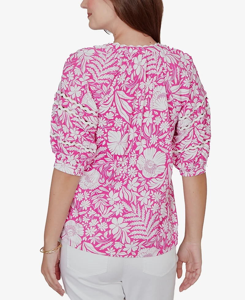 Ruby Rd. Petite Tropical Floral Trim Knit Top