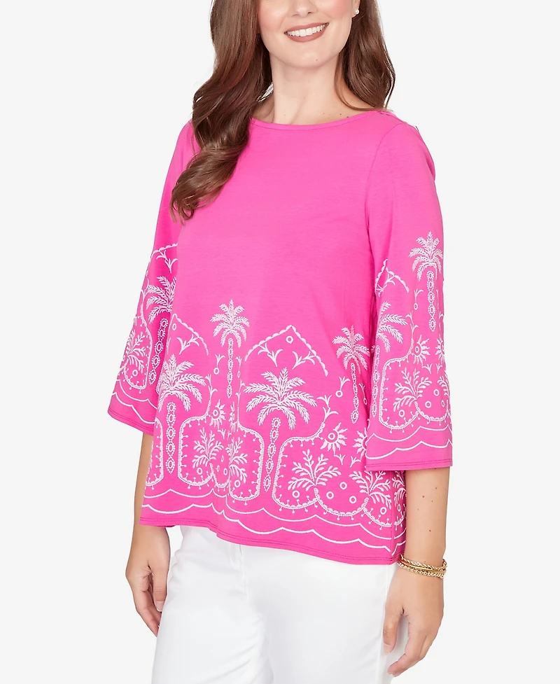 Ruby Rd. Petite Palm Tree Embroidered Knit Top