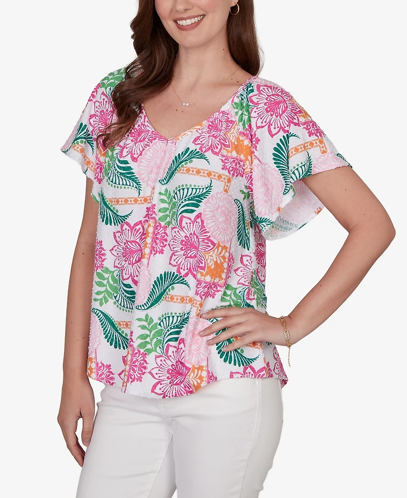 Ruby Rd. Petite Tropical Floral Eyelet Flutter Sleeve T-shirt