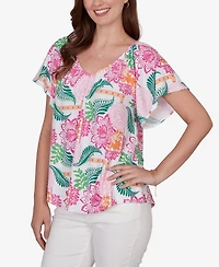 Ruby Rd. Petite Tropical Floral Eyelet Flutter Sleeve T-shirt