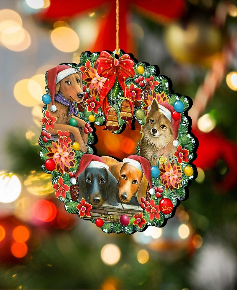 Designocracy Christmas Friends Puppy Wreath Holiday Ornaments, Set of 2