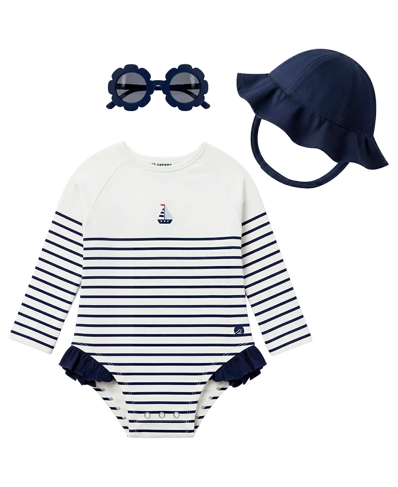 Sperry Baby Girls' Striped One-Piece Swimsuit, Hat and Sunglasses, 3-Piece Set
