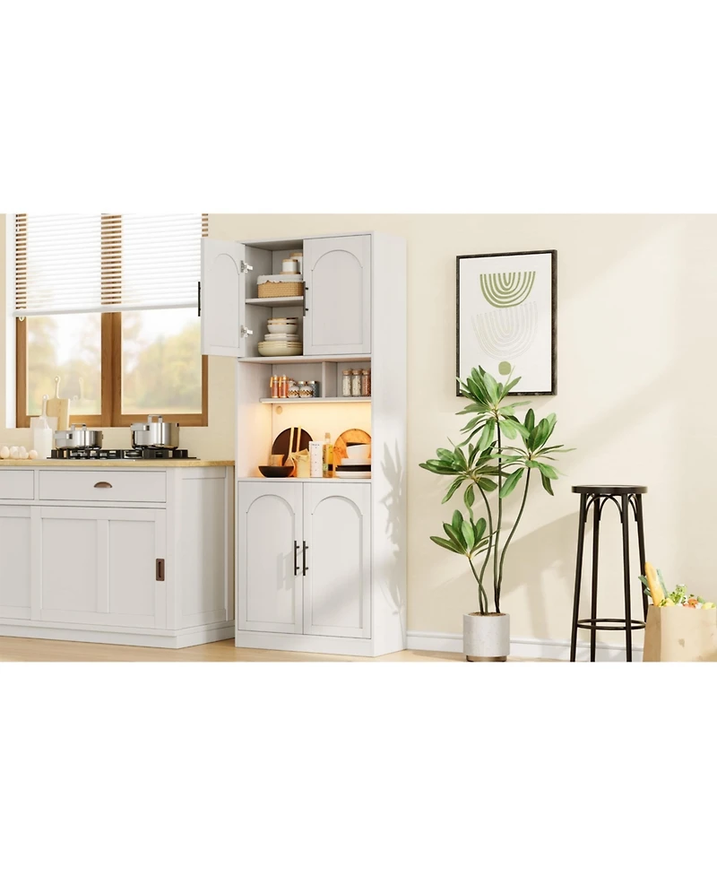 gaomon Kitchen Pantry Cabinet with Led Light Microwave Stand Barn Doors 2 Shelves
