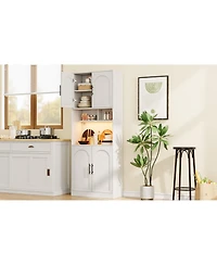 gaomon Kitchen Pantry Cabinet with Led Light Microwave Stand Barn Doors 2 Shelves