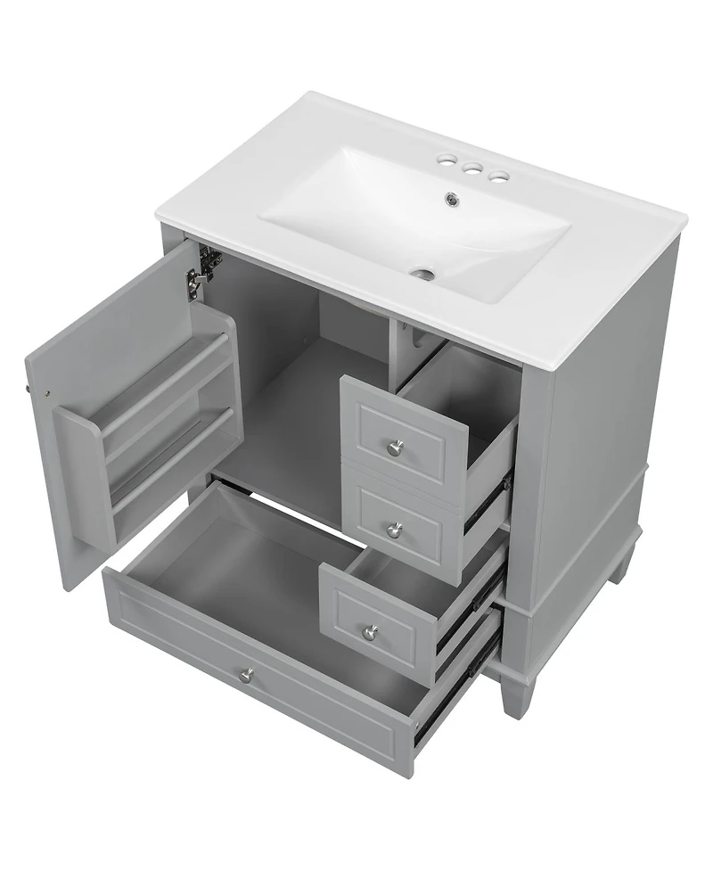 Sillysis 30'' Bathroom Vanity with Ceramic Sink, Solid Wood & Mdf, Multi-Drawer Storage Soft Close Door for Modern Bathrooms