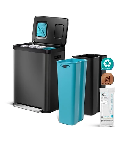 Home Zone Living 19 Gallon Stainless Steel Dual Trash and Recycling Can with CleanAura Odor Control Soft Close Lid