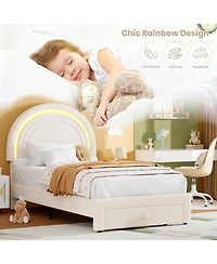gaomon Twin Led Bed Frame with Storage Drawer, Rainbow Headboard, Fleece Princess Platform for Kids, Wood Slats, No Box Spring